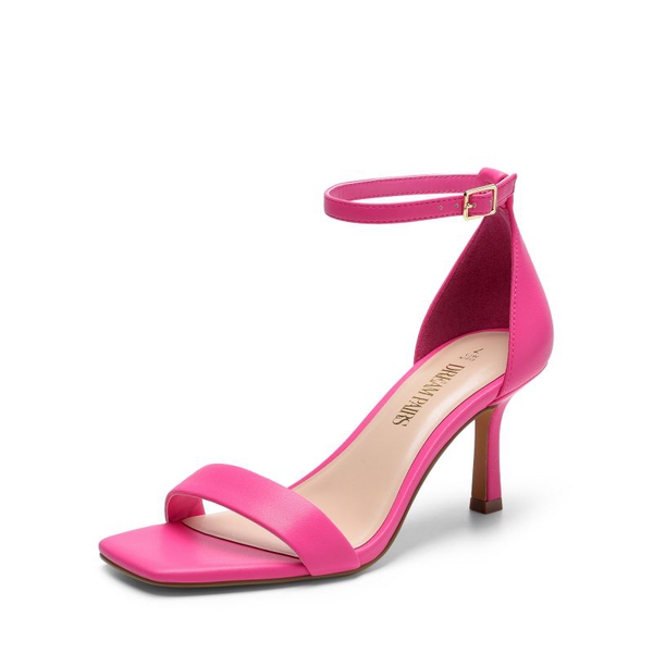 Square Toe Ankle Strap Heels - HOT PINK-PU -  0